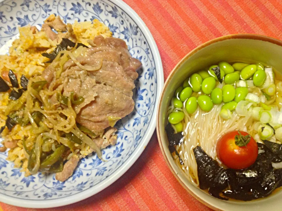 豚肉生姜焼きのせの炒飯と素麺|shenhuaさん