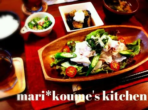 野菜たっぷり豚しゃぶ*茄子の揚げ浸し*ブロッコリーとカニカマのワサマヨソース(*^^*)+ご飯|mari*さん