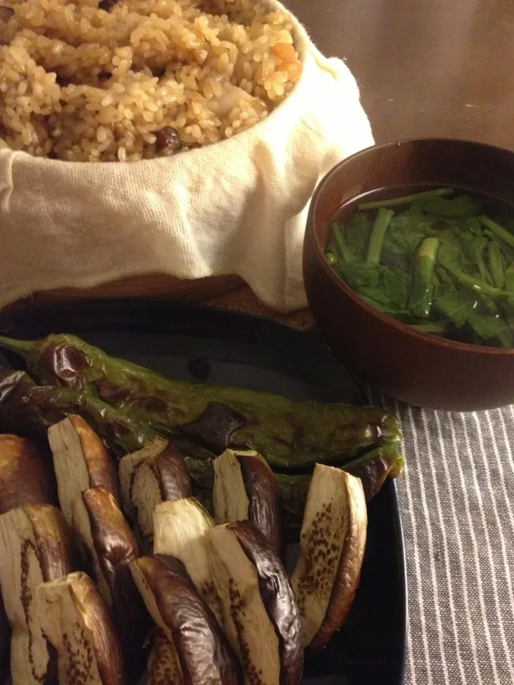 Dinner with Chinese sticky rice, grilled vege and clear soup|Masayo Nさん