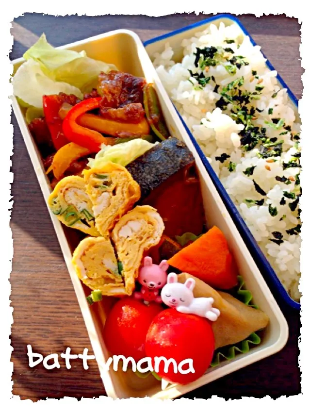 Snapdishの料理写真:豚肉とカラフルパプリカの味噌生姜炒め弁当〜☆battymamaの女子かわぃぃお弁当〜☆8/19(月)☆|ばってぃーまま＠♪さん