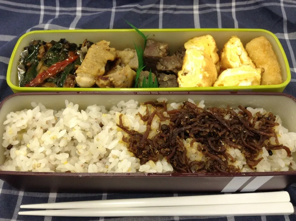 Snapdishの料理写真:弁当（チンジャオロース、鶏肉・牛肉黒胡椒焼き、玉子焼き、海老寄せフライ、ちりめん山椒）|SasaMasa213さん