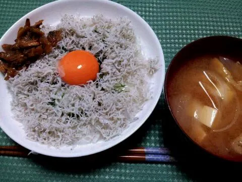 しらす丼と自作あさりの佃煮と味噌汁|bigpoohさん