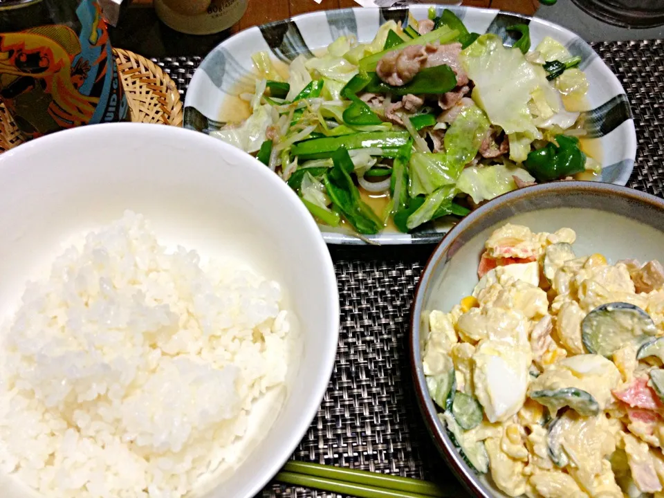 #夕飯 肉野菜炒め、マカロニサラダ、白米。食った〜〜お腹いっぱいぱい|ms903さん