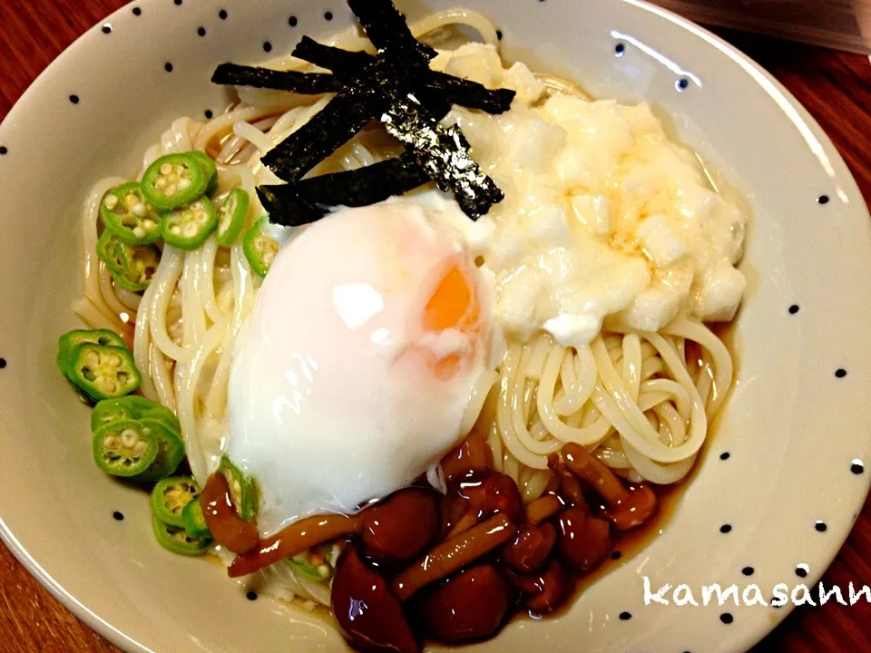 8/19  晩ご飯  ミニ、ネバネバ温玉うどん|かまさん