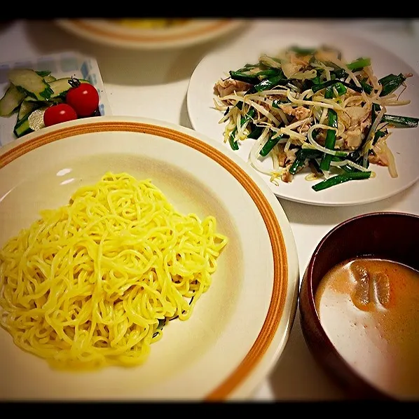 担々ざるラーメンと豚ニラもやし炒め|ぴゅあのあ♡さん