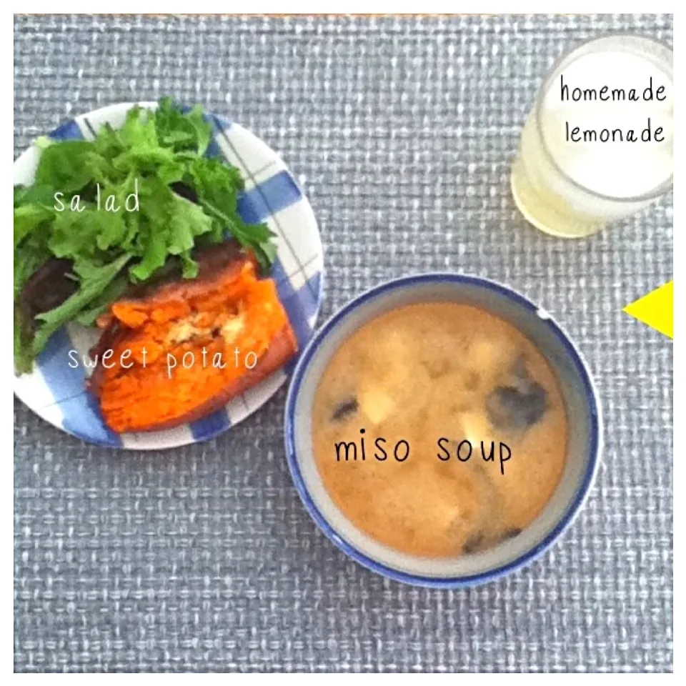 Today's homemade lunch: miso, salad sweet potato & lemonade sweetened w/ stevia|Sai linさん