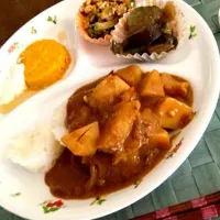 Snapdishの料理写真:桃カレー&ゴーヤーチャンプル&なすのあんかけ&南瓜ぷりん|rioさん