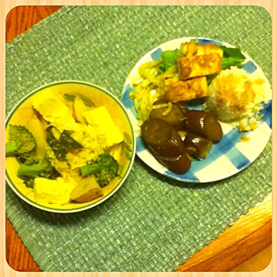 Vegetarian Thai food: curry, vegetables & tofu, eggplants basil, tofu w/ peanut sauce, rice|Sai linさん