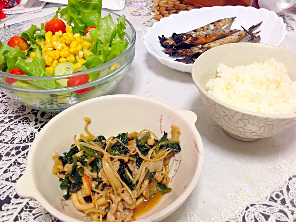 ツルムラサキと野菜の炒め物の晩ご飯|やすさん