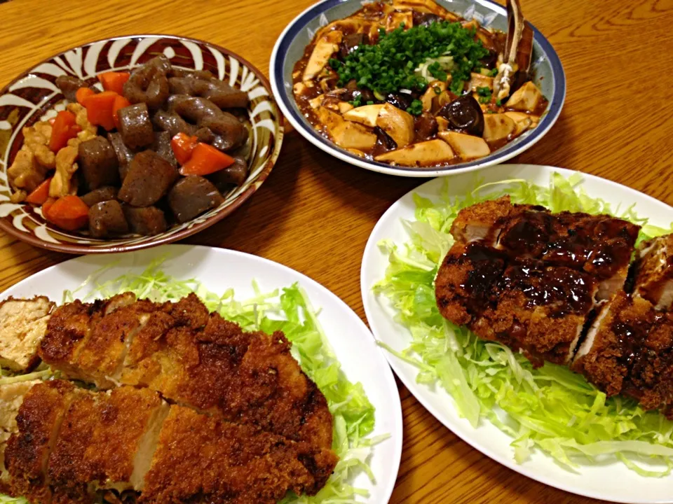 麻婆ナス こんにゃくの煮物 ジャンボチキンカツ|ゆりっちょんさん