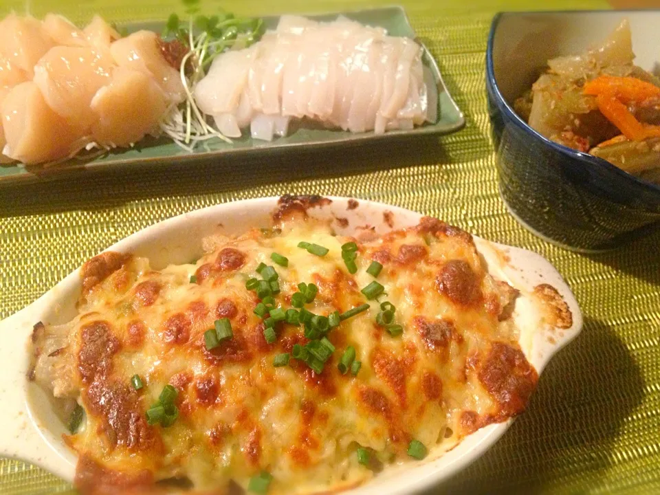 今晩の晩酌〜ズッキーニの南蛮味噌マヨチーズ焼き、ホタテとイカの刺身、フキの煮物|咲きちゃんさん