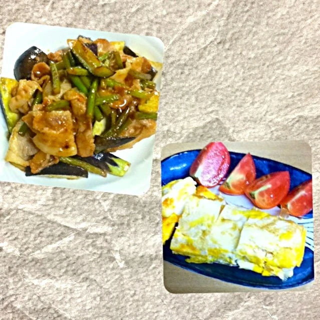 自家製ナス  豚ニラ  炒め    自家製トマト   玉子焼きバター風味|akihuyuさん