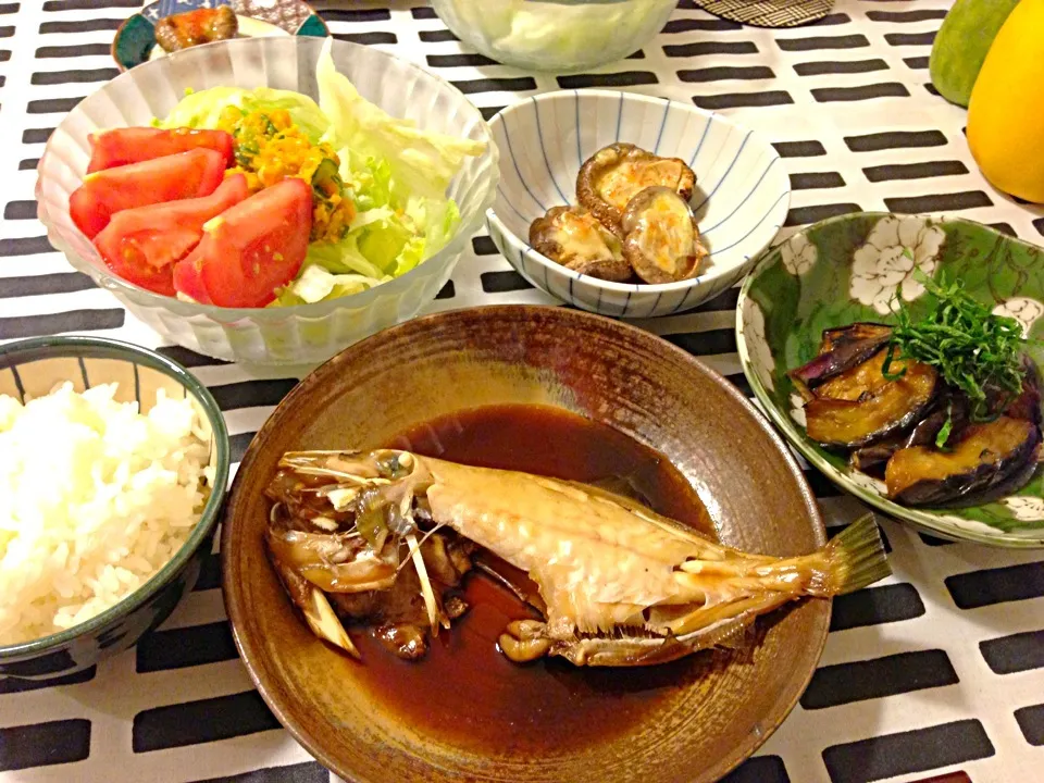 ウマヅラハギの煮物🍀茄子の生姜醤油和え🍀椎茸のにんにくチーズ焼き🍀カボチャのサラダ|mochaさん