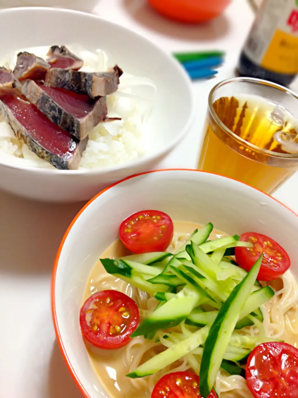 彩り野菜の豆乳そうめん♡鰹のたたき丼|あきこさん