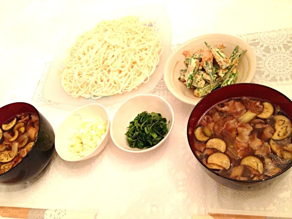 豚と茄子のつけ素麺＆おくらマヨ和え|めぇさん