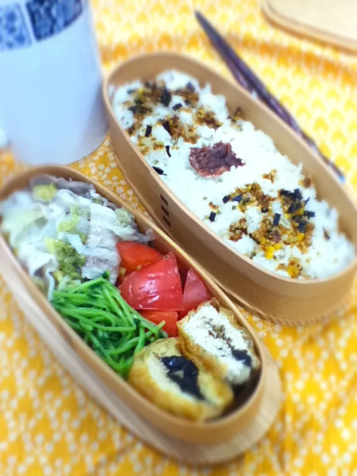 Today's lunch box. 豚バラ白菜蒸しと栃尾揚げ葱おかか焼。|hoppycowさん