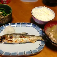 鮎の塩焼き,冬瓜汁,ほうれん草のおひたし,ご飯|ma-yaさん