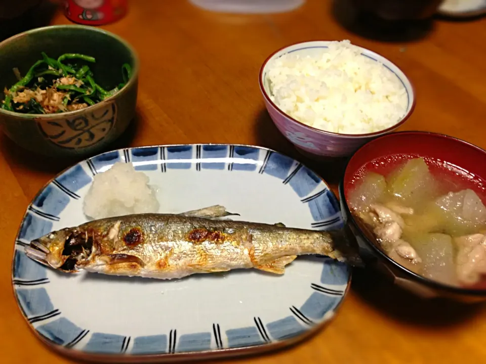 鮎の塩焼き,冬瓜汁,ほうれん草のおひたし,ご飯|ma-yaさん