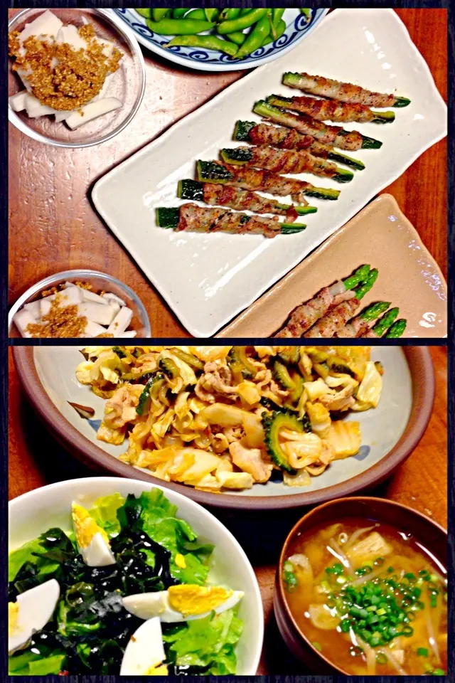 Snapdishの料理写真:🍀肉巻きゴーヤ 再び&肉巻きアスパラ&やまいもあのゴマかけ&枝豆&豚肉とゴーヤのキムチ炒め&サラダ&お味噌汁🍀|ゆかゴリラさん