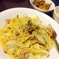 豚肉とキャベツのペペロンチーノ、焼き野菜のマリネ、コーンスープ|aya.hさん