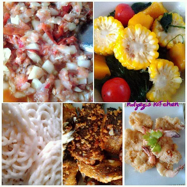 sambel timun or cacapan belungka, sayur bening, kerupuk udang, udang tempura, ikan goreng.|indira dietyaさん