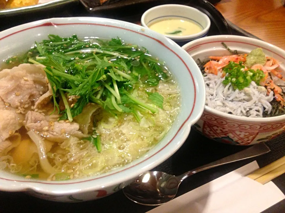 Snapdishの料理写真:水菜と豚肉のハリハリうどんと小桜えびしらす丼セット|hiroさん