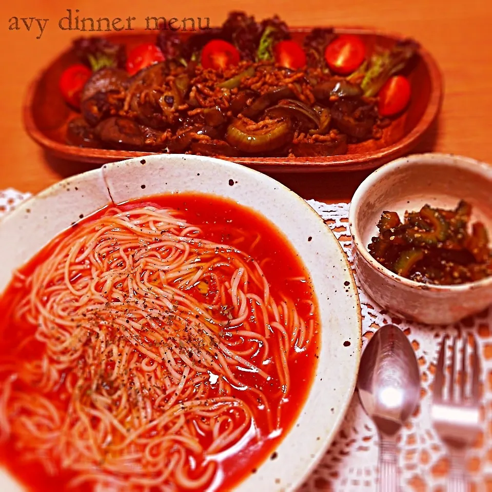 Snapdishの料理写真:トマトジュースdeガスパチョ風素麺の晩御飯♡̷♡̷ஐ(•̤ॢ ᗜ •̤ॢ)ஐ♡̷♡̷|avyさん