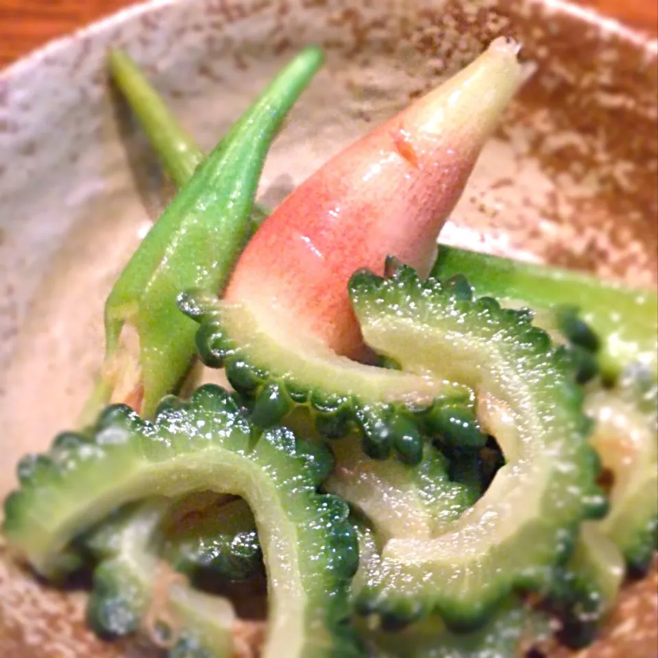 Snapdishの料理写真:ゴウヤのおひたし Boiled Summer Vegetables (bitter mellon) dipped in Ohitashi Sauce|Ks N'sさん