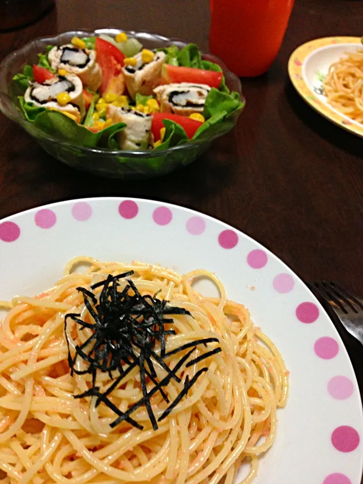 たらこパスタ、ささみの山芋しそ巻き|かっちゃまんさん