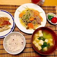 Snapdishの料理写真:豚肉の野菜炒めとギョウザと小松菜と豆腐の味噌汁でした♡|きりこさんさん