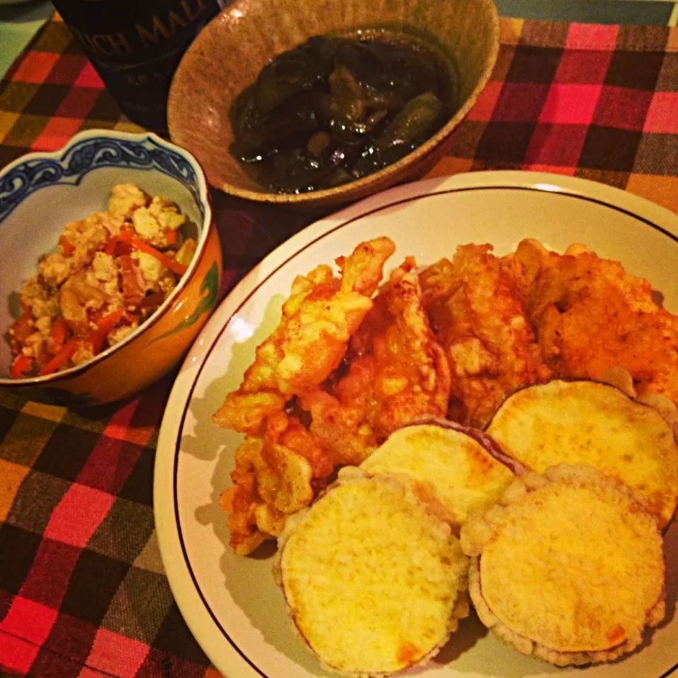 鶏天,イモ天,炒り豆腐,ナスの煮物|りーぴんさん