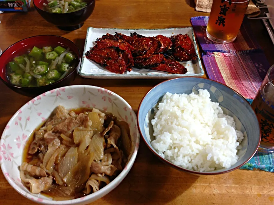 豚丼の具、オクラスープ、鯵ミリン(^O^)／|すかラインさん