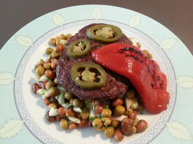 Just a simple meal:
Marrowfats& Borlotti beans, onions and piccalilly with grilled Red Pepper, Jalopeño and a hamburger.|Frank&Jolanda - Eteninbeeldさん