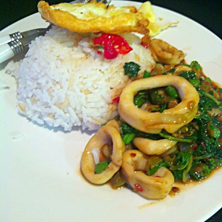 Snapdishの料理写真:Calamari stir fried with oyster sauce , basil and chili|Watcharachai Changsomさん