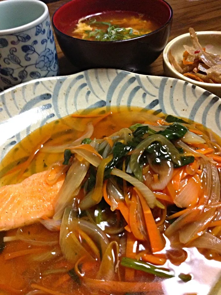 鮭の野菜あんかけ•たまごのお吸い物•きんぴらごぼう|そらひめさん