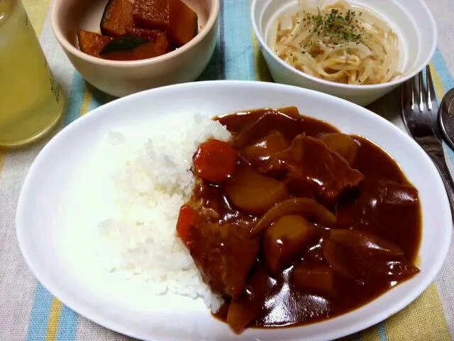 130827 今日のゆうめし　豪華ポークカレー、もやしのマヨポン和え、かぼちゃの煮物|EUREKAさん