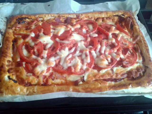 Cheese, pepperoni, tomato and onion pizza.|olivia blackhallさん