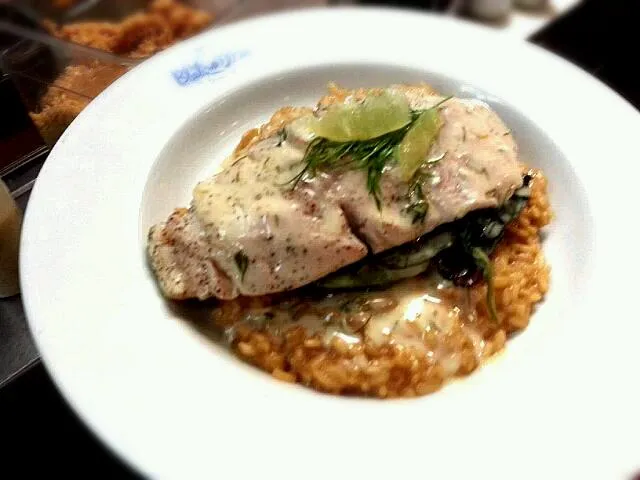 Basil poached snapper with bacon and pea risotto, topped with lemon dill buerre blanc|jeffさん