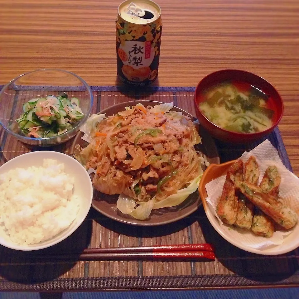 チャプチェ、チクワの磯辺揚げ、きゅうりの酢の物|はるさん