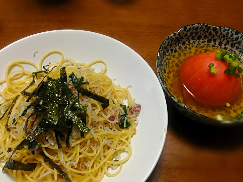 梅とじゃこの和風パスタと丸ごとトマトの和風スープ|noriさん