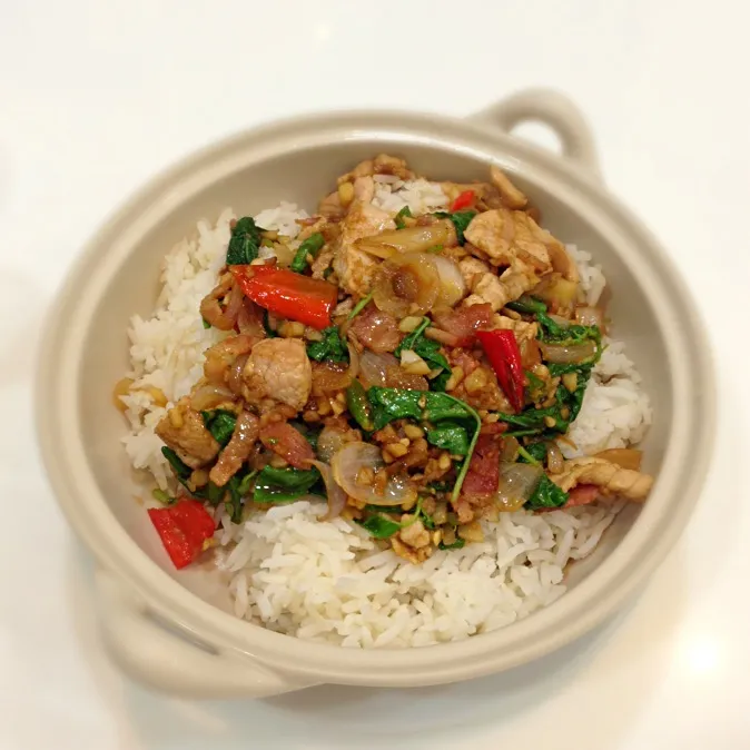 Spicy Fried Pork and Bacon with Holy Basil on Rice|nicky tangさん