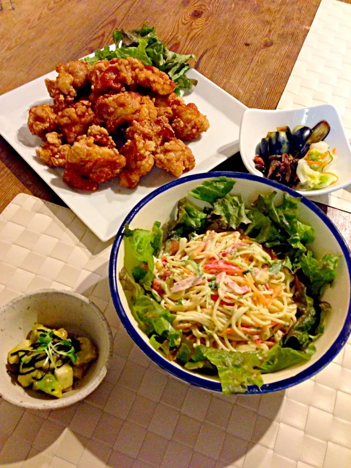 究極のから揚げ🍗パスタサラダ、長芋とアボカドのワサビ醤油、お漬物🍀|まみりんごさん