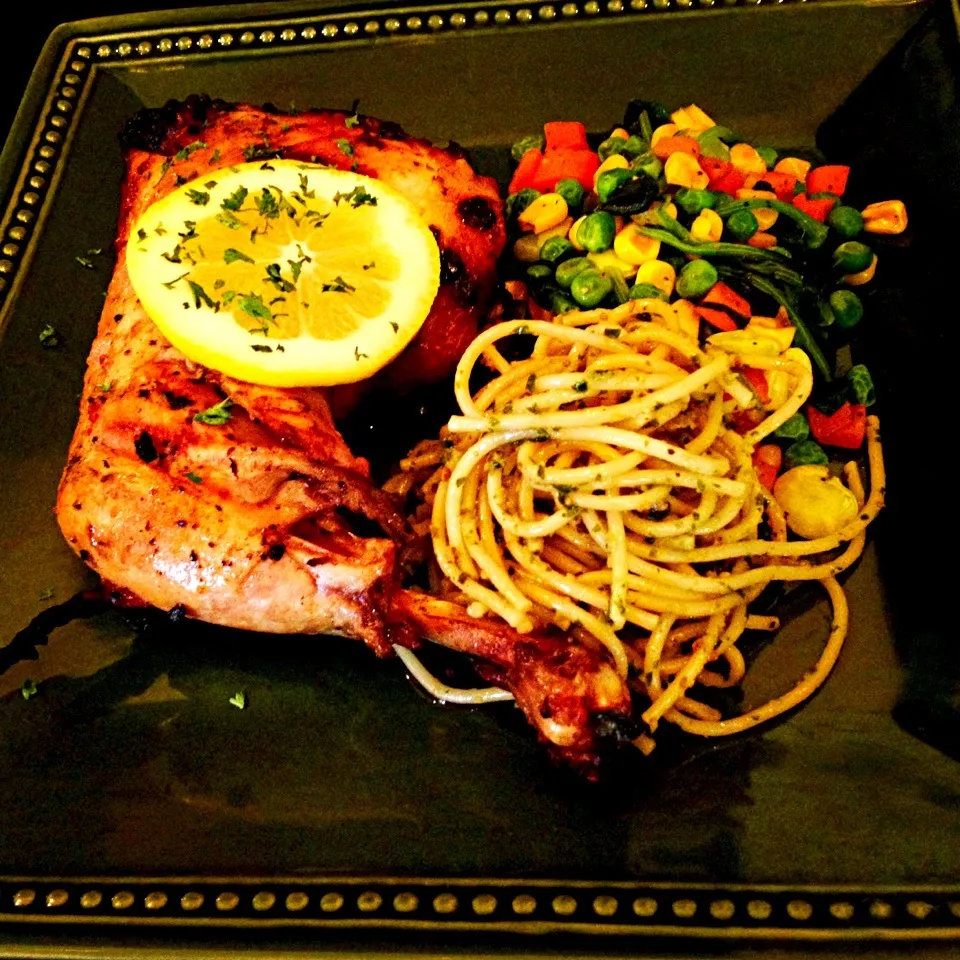 Snapdishの料理写真:Lemon herb chicken grill with basil pasta|Mrs. Beagleさん