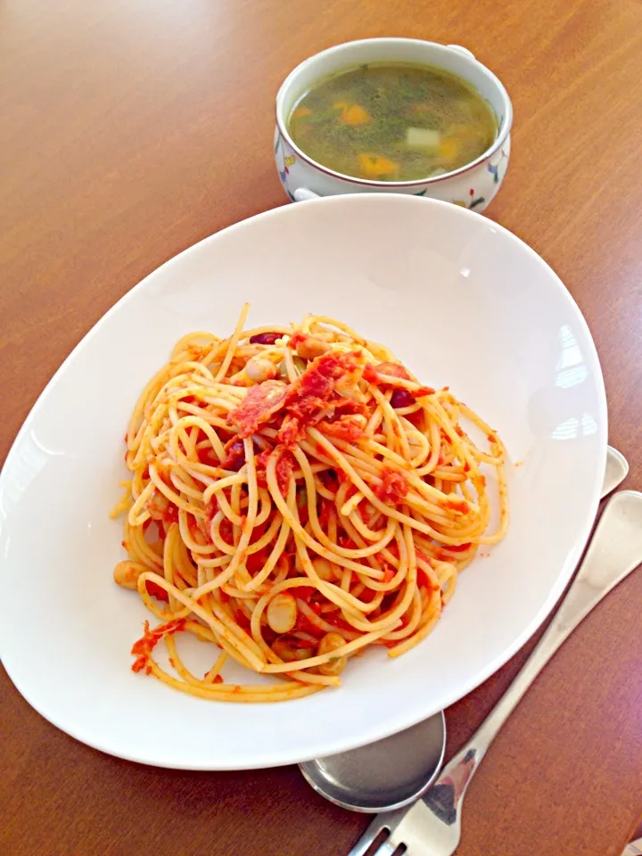 豆とツナのトマトソースパスタ|リンコさん