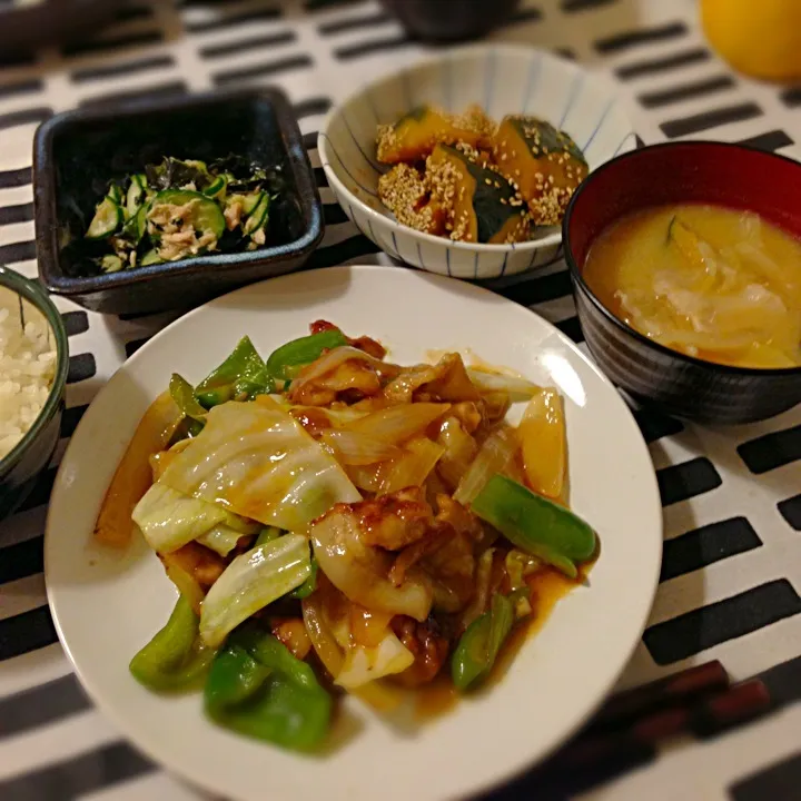 回鍋肉🍀カボチャのゴマ煮🍀ツナきゅうり若布の酢の物🍀豚汁|mochaさん