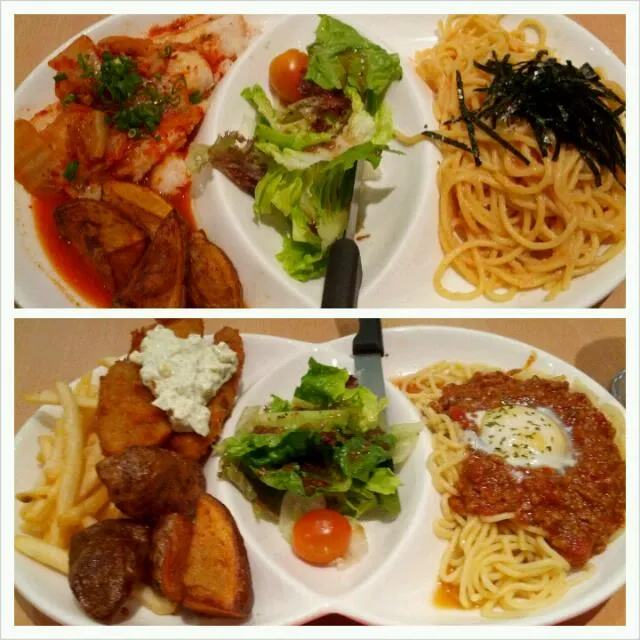 Fish and chip with wedges, salad and beef bolognese

Grilled kimchi fish with wedges, salad and prawn roe pasta|Xi wenさん