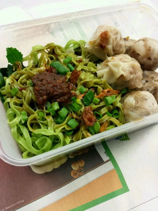 Spinach noodles with wonton and pork balls|genさん