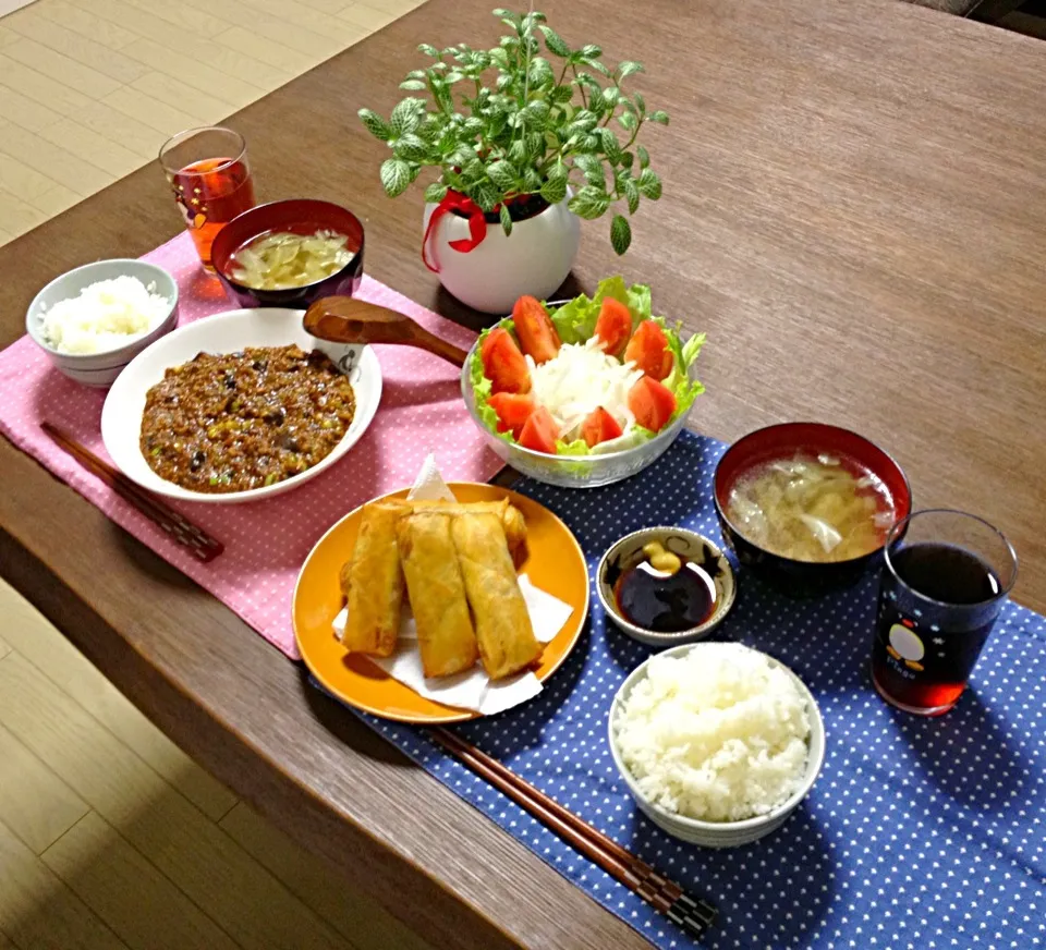 春巻、麻婆茄子、玉ねぎサラダ、キャベツの中華スープ、ご飯|pentarouさん