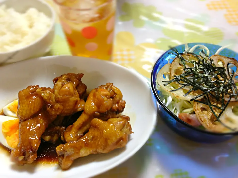 鶏手羽元の煮物、れんこんサラダ|ｋａｎａさん