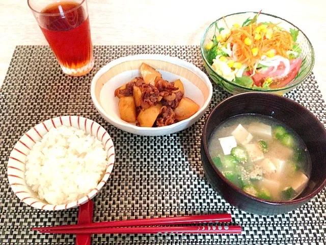 肉じゃが、色々サラダ、納豆オクラ汁|まろさん